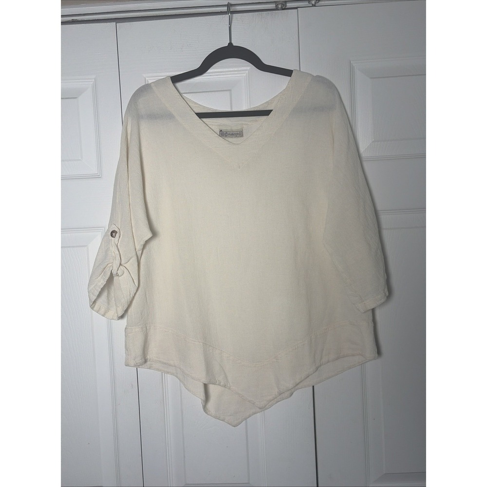 Cottonways Gauze V-Neck Tunic Womens Size 2 Cream Coastal Grandma Roll Tab Top